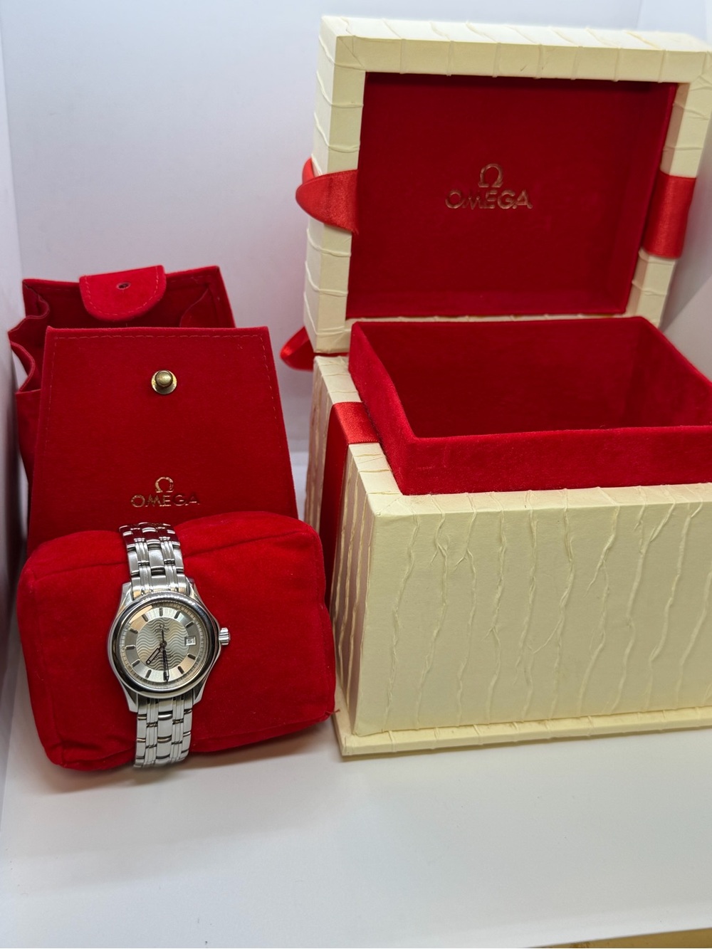 Omega Stainless Steel Ladies Watch with Red Velvet Box